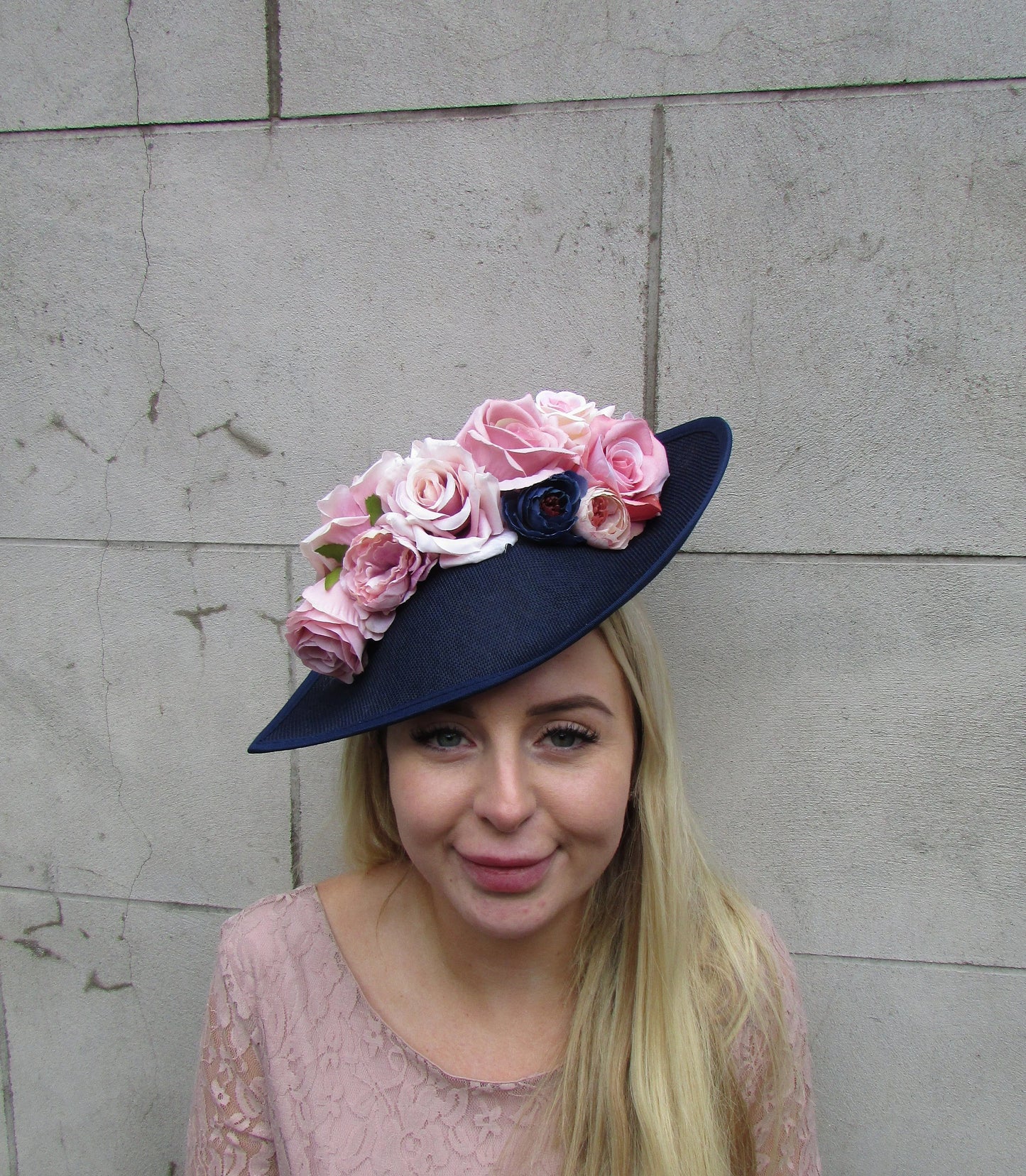 Navy Blue & Dusky Pink Floral Hat Teardrop Fascinator
