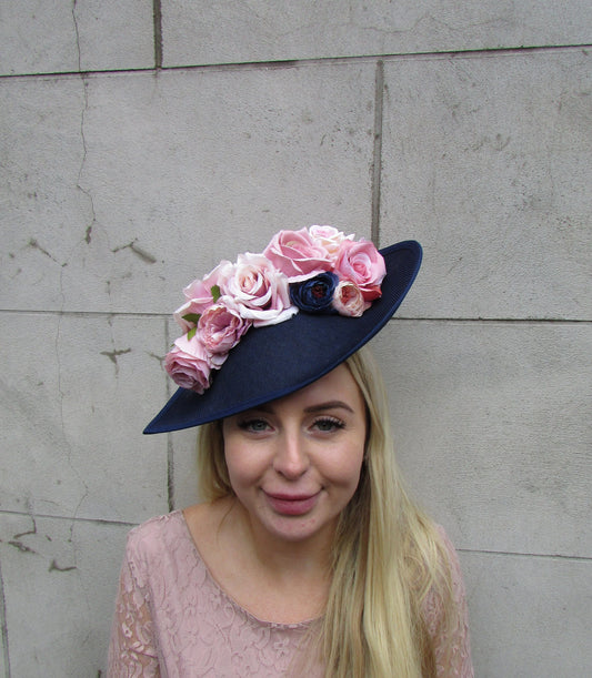 Navy Blue & Dusky Pink Floral Hat Teardrop Fascinator