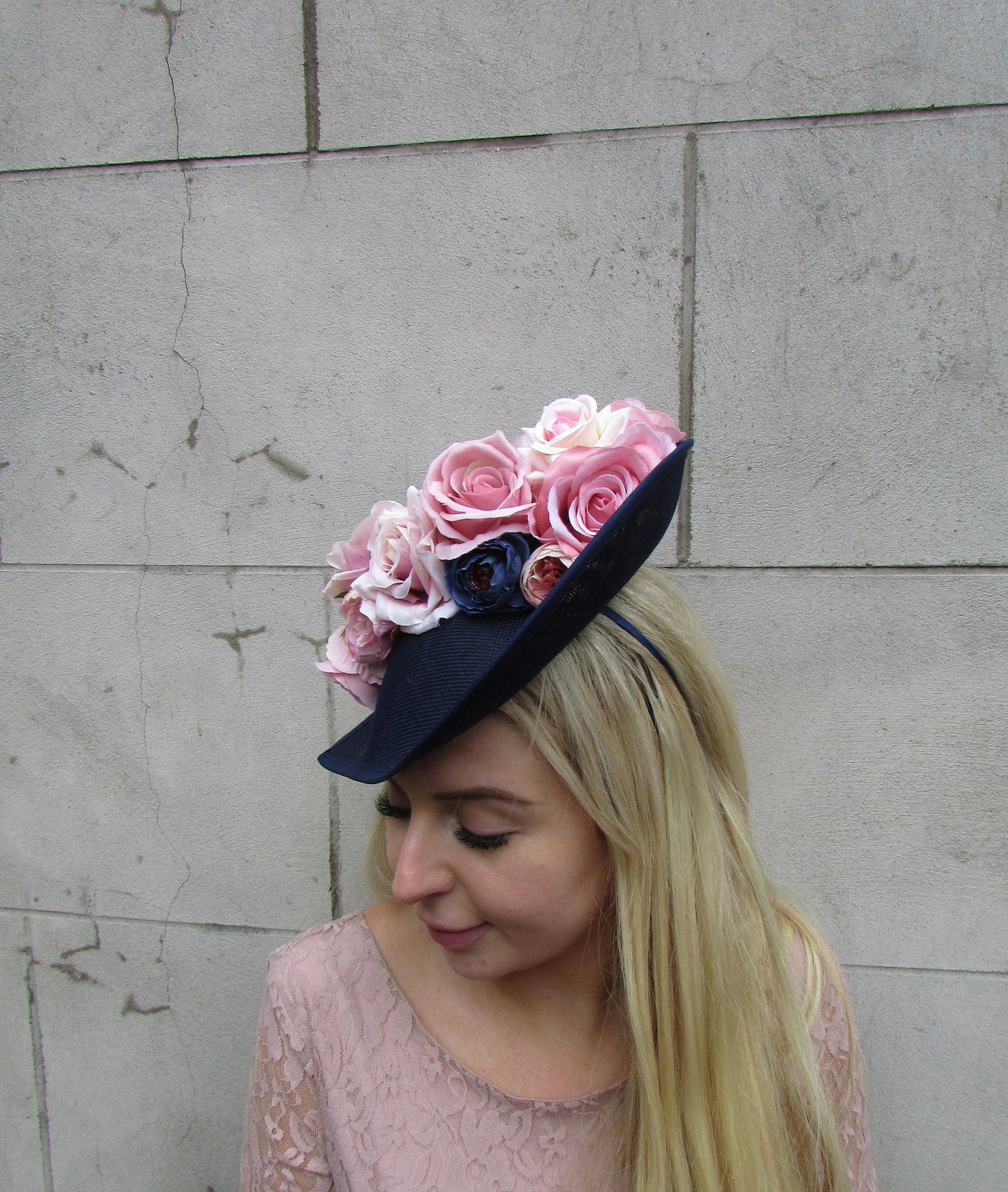 Navy Blue & Dusky Pink Floral Hat Teardrop Fascinator