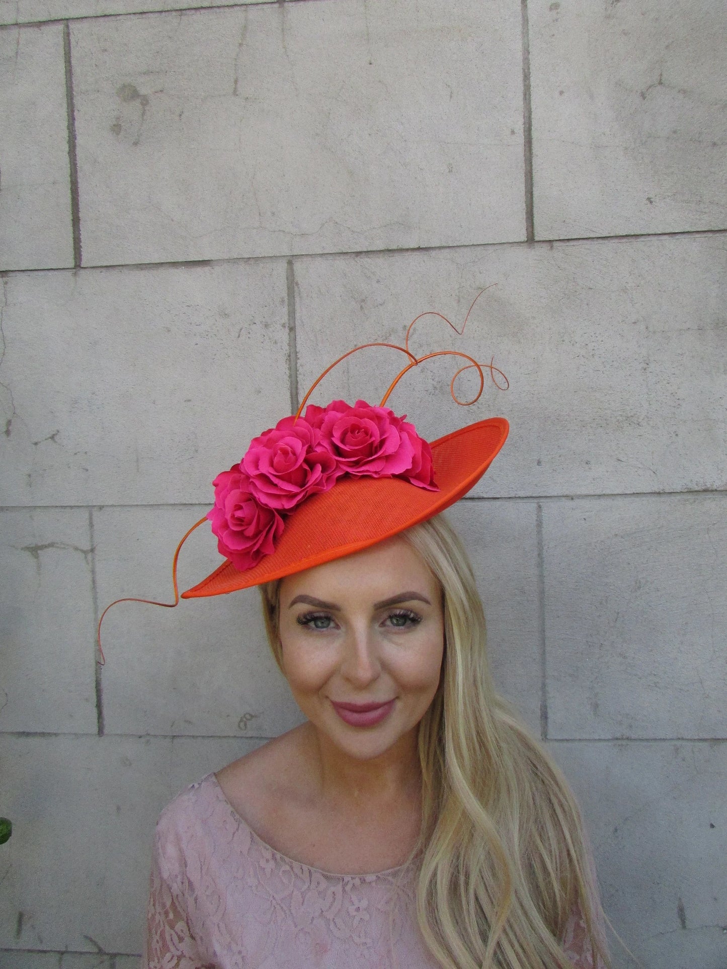 Large Hot Pink Burnt Orange Fascinator Hat Flower Teardrop
