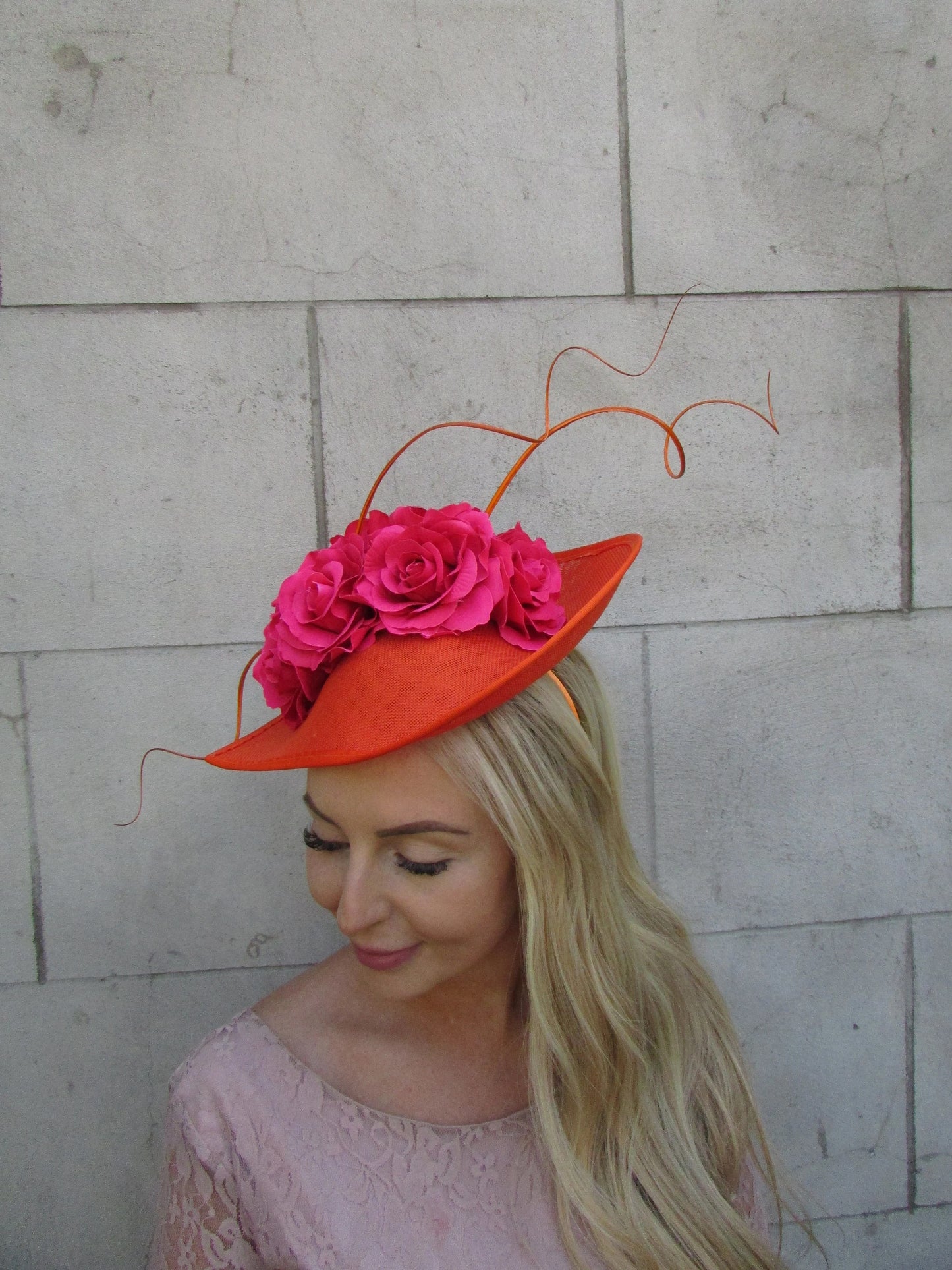 Large Hot Pink Burnt Orange Fascinator Hat Flower Teardrop