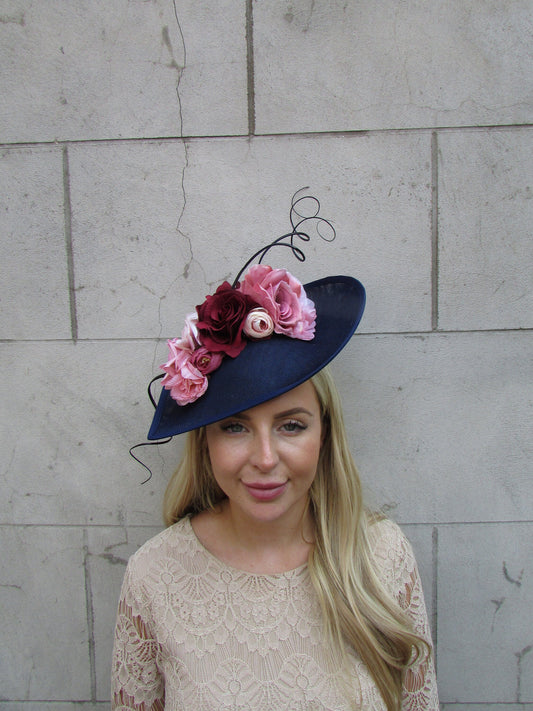 Navy Blue Burgundy & Dusky Pink Floral Fascinator Hat