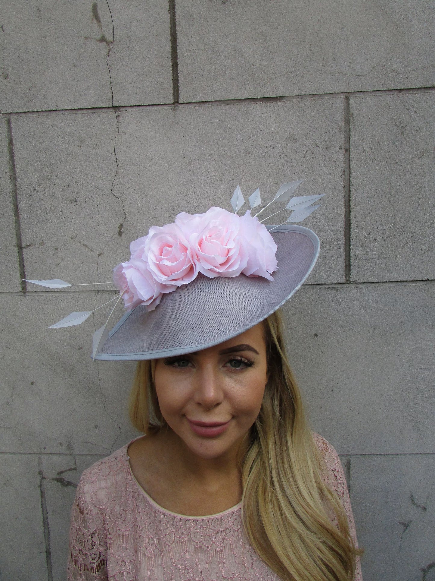 Grey & Pale Pink Teardrop Fascinator Hat
