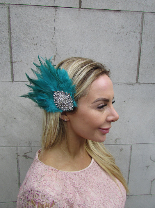 Jade Green Teal Turquoise & Silver Feather Fascinator Hair Clip
