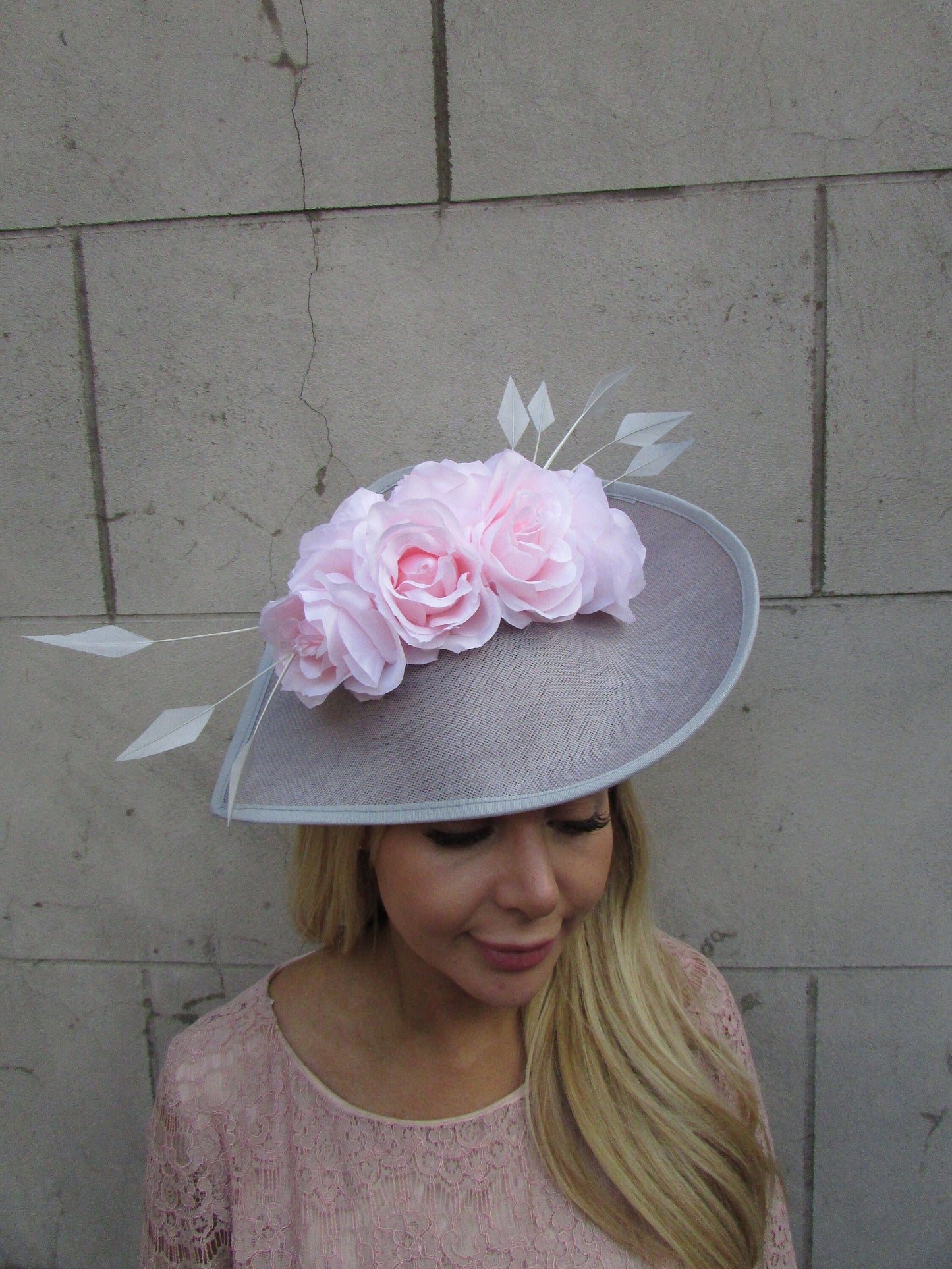 Grey & Pale Pink Teardrop Fascinator Hat