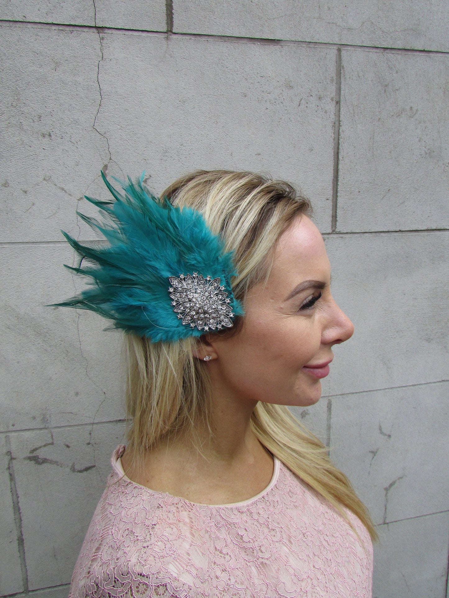 Jade Green Teal Turquoise & Silver Feather Fascinator Hair Clip