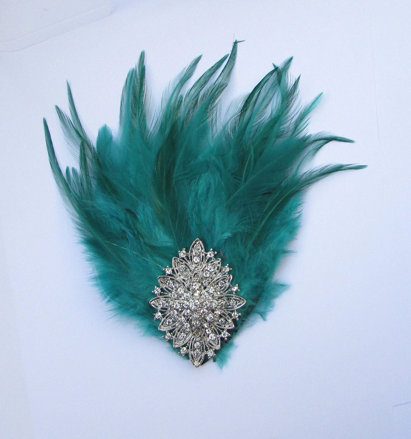 Jade Green Teal Turquoise & Silver Feather Fascinator Hair Clip