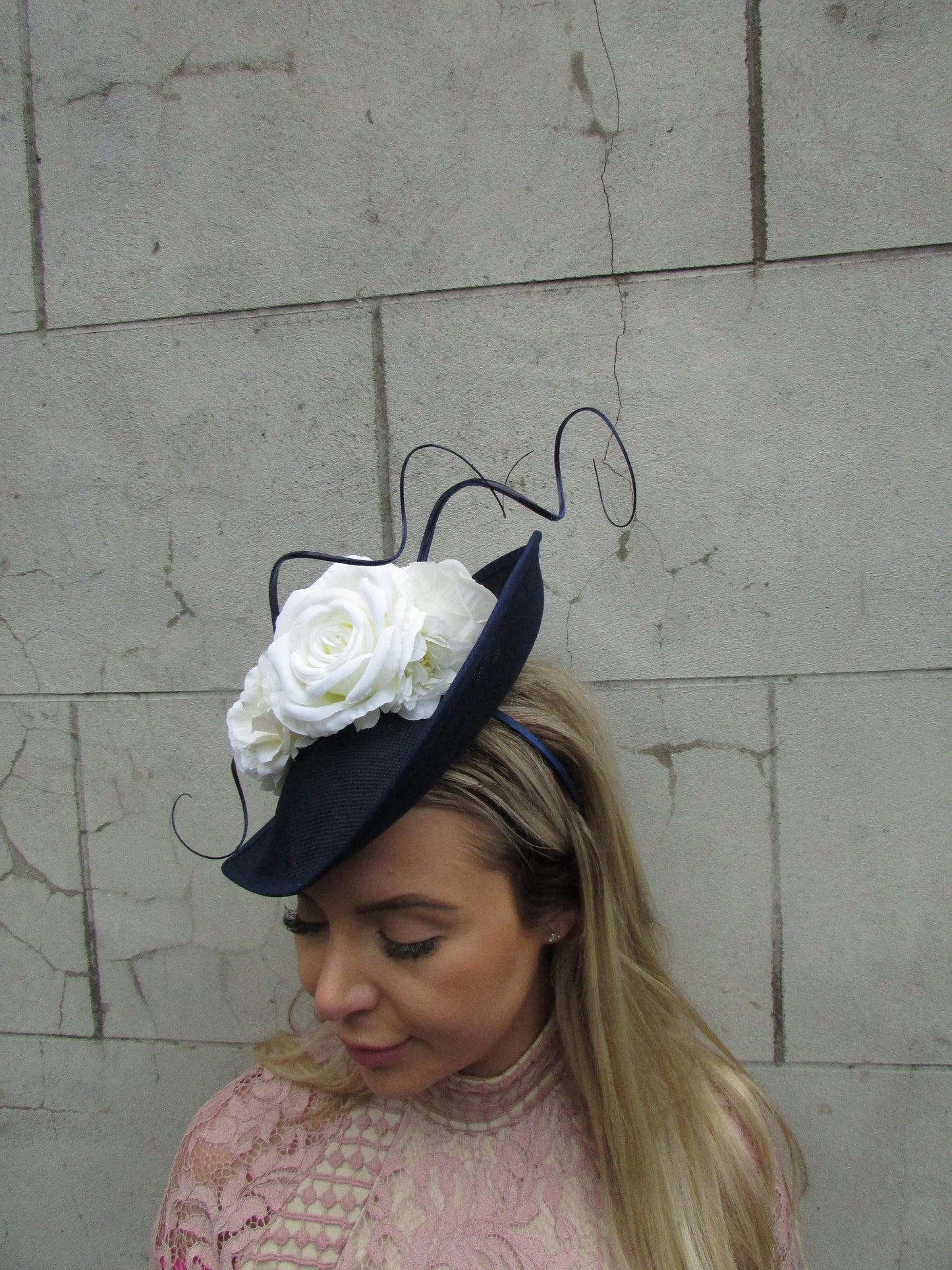 Large Navy Blue & Cream Floral Teardrop Hatinator