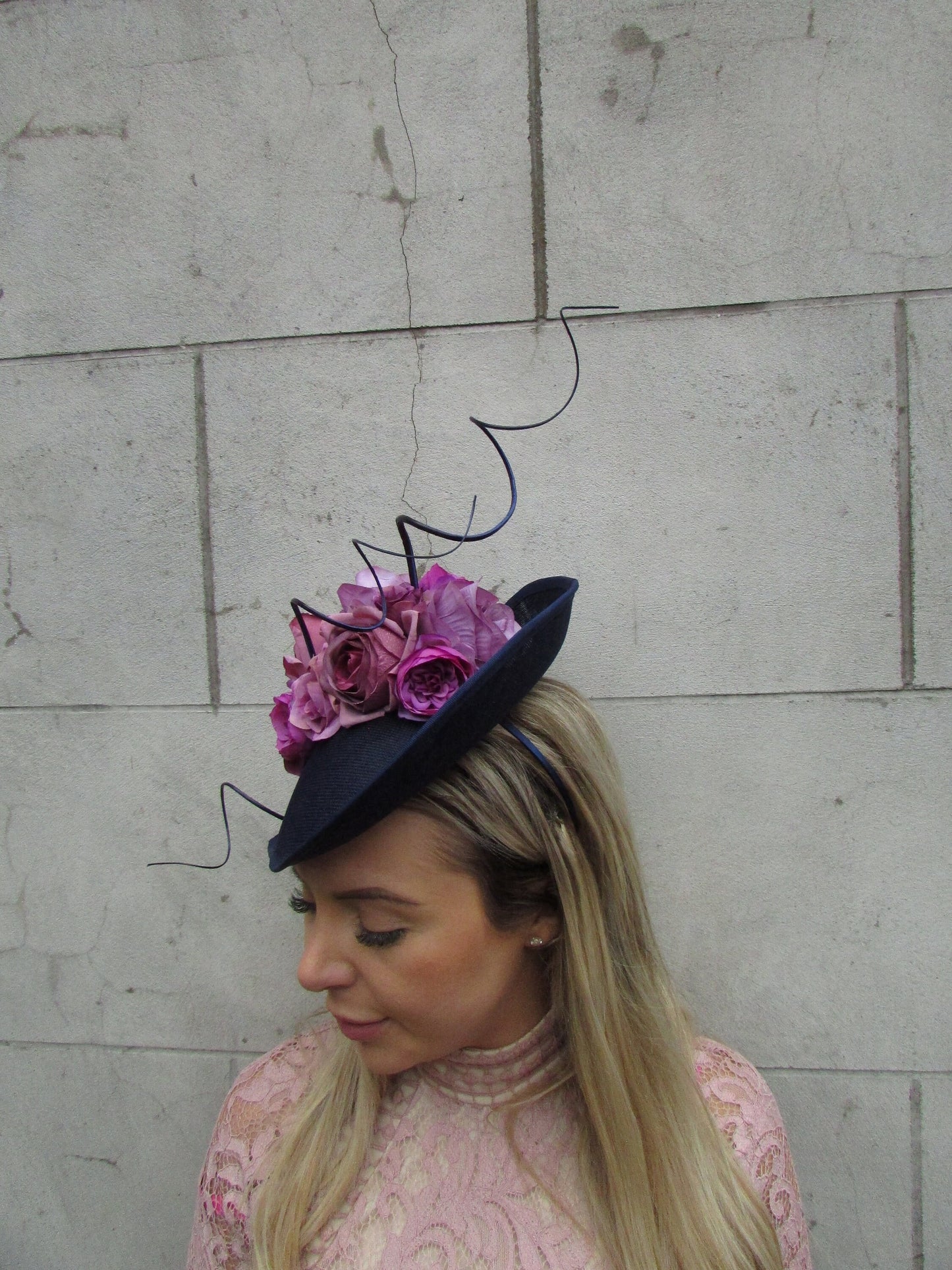 Large Navy Blue & Mauve Flower Teardrop Hatinator