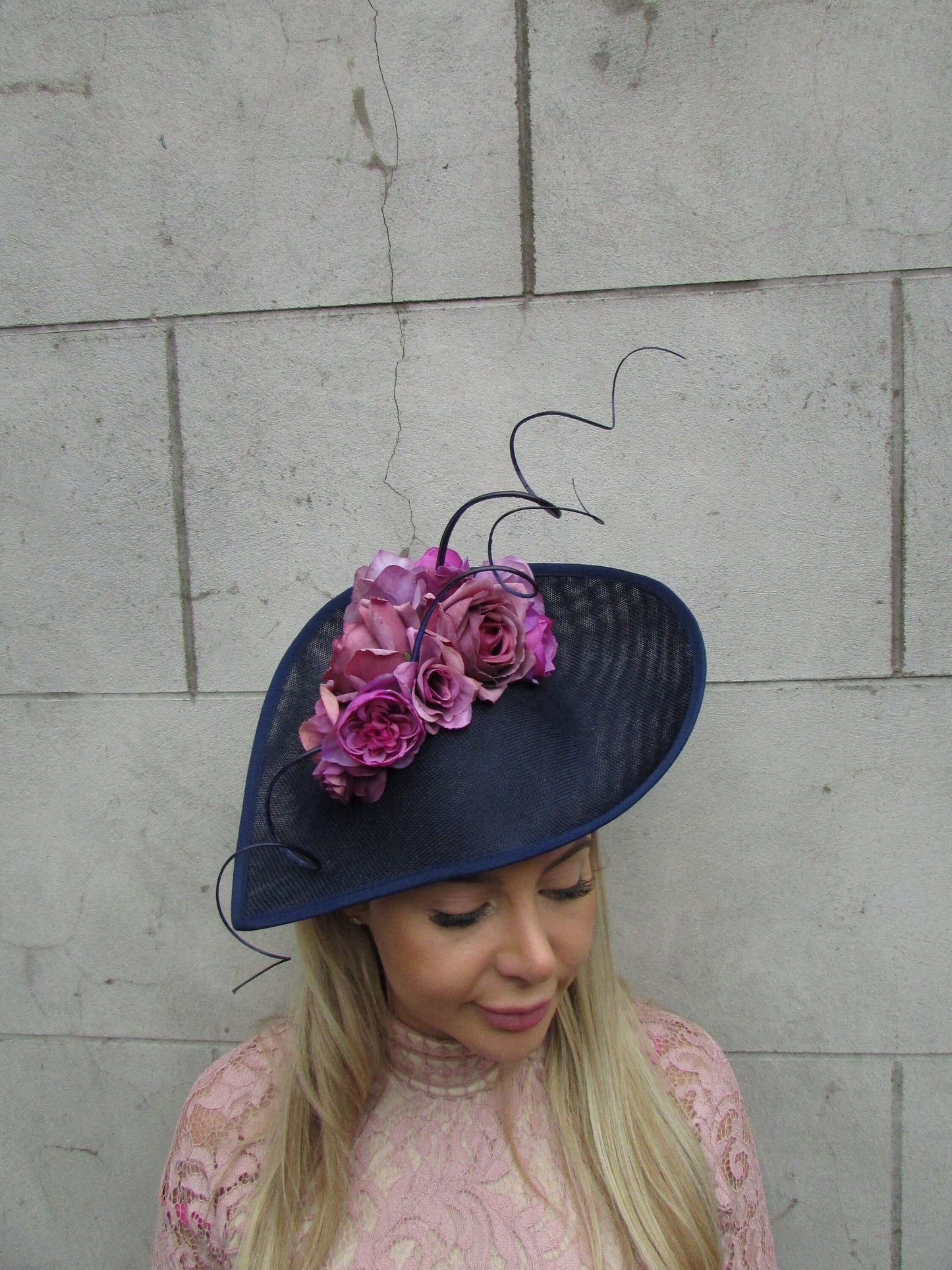 Large Navy Blue & Mauve Flower Teardrop Hatinator