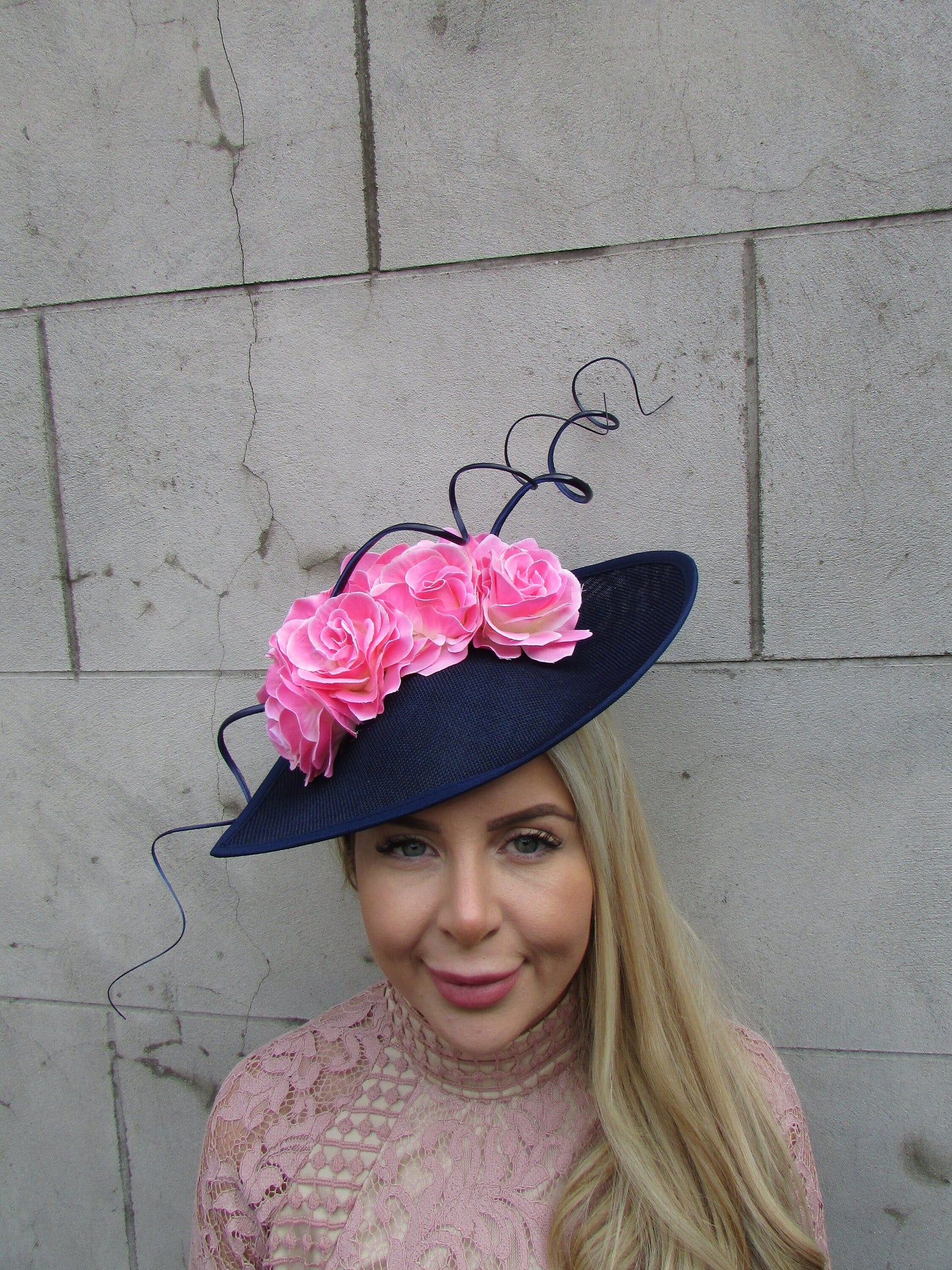 Large Navy Blue & Light Pink Floral Teardrop Hatinator