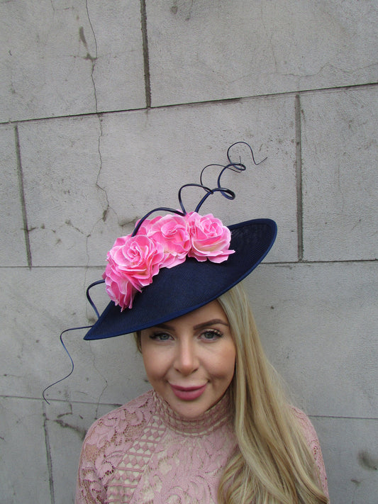 Large Navy Blue & Light Pink Floral Teardrop Hatinator
