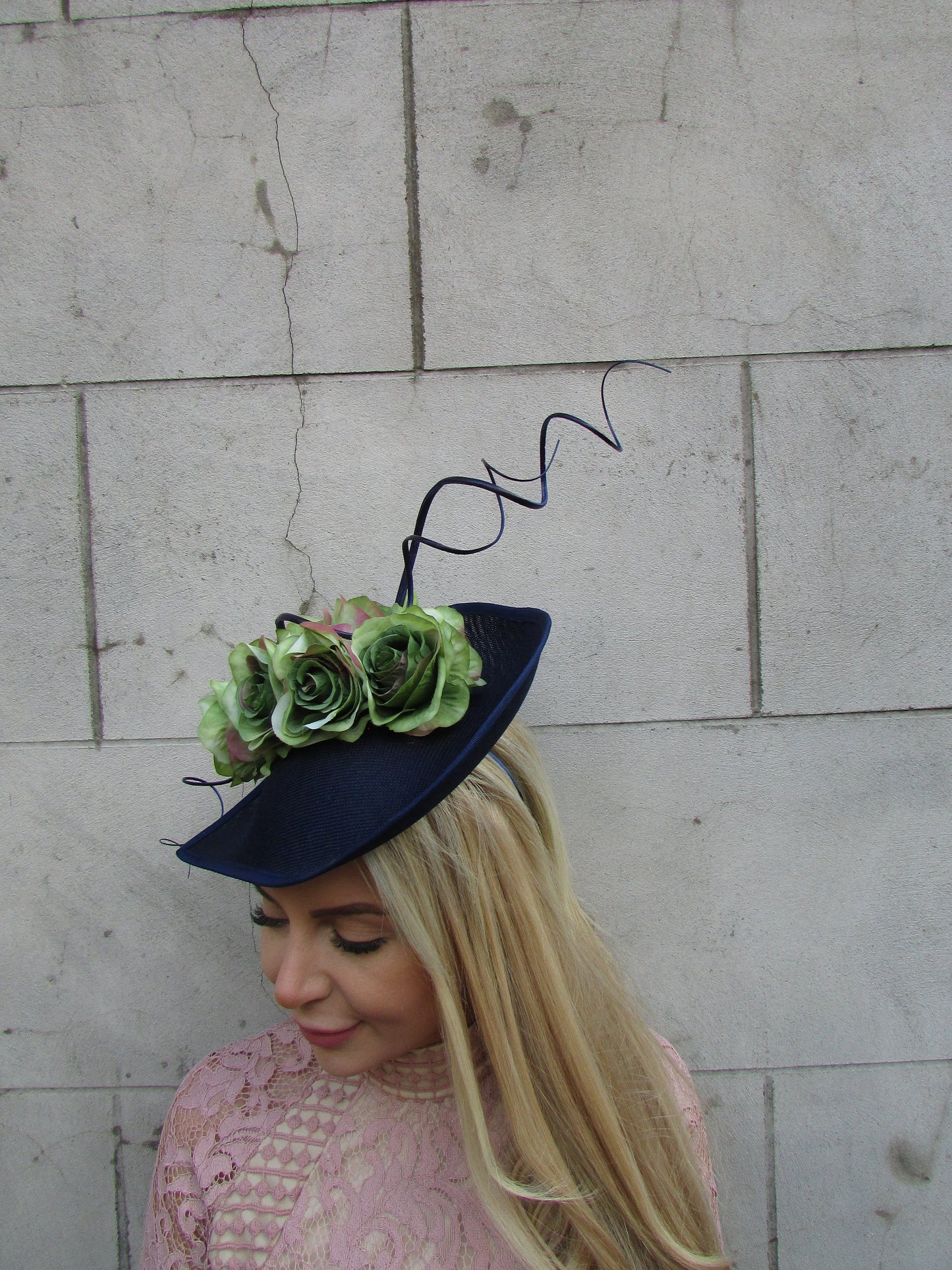 Navy Blue & Olive Green Teardrop Hat Fascinator