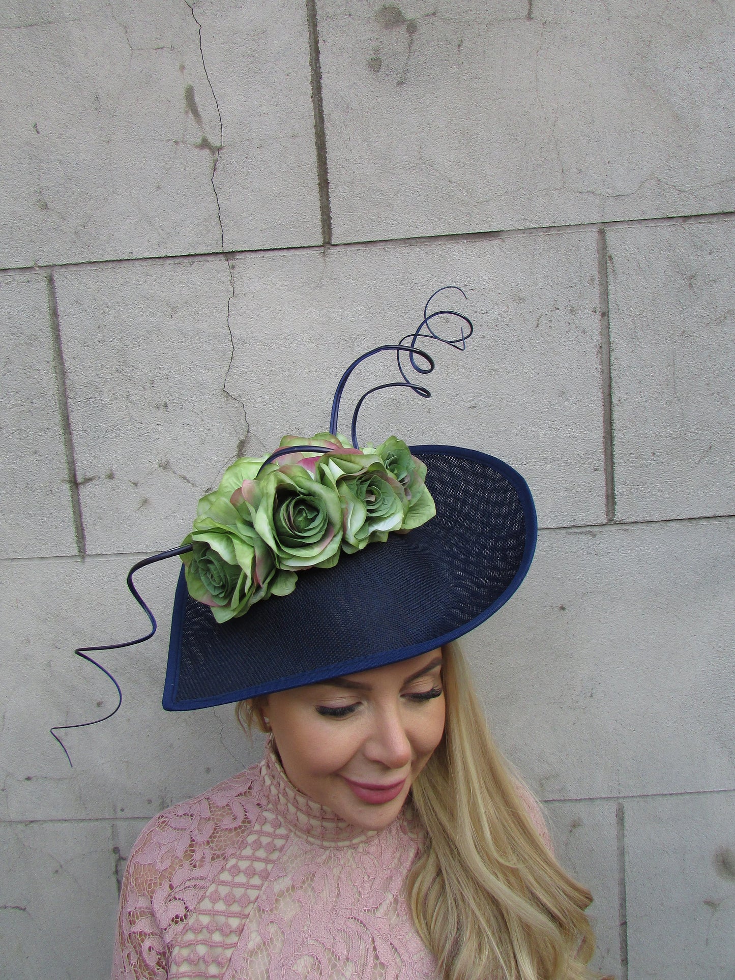 Navy Blue & Olive Green Teardrop Hat Fascinator