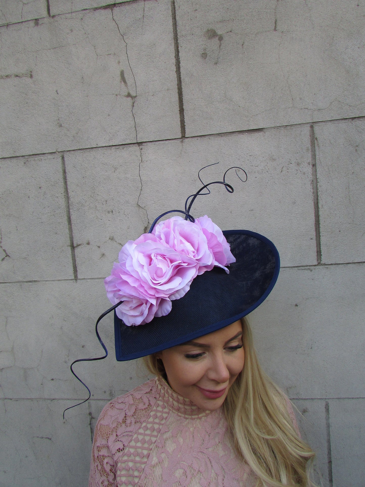 Large Navy Blue & Light Pink Floral Teardrop Hatinator