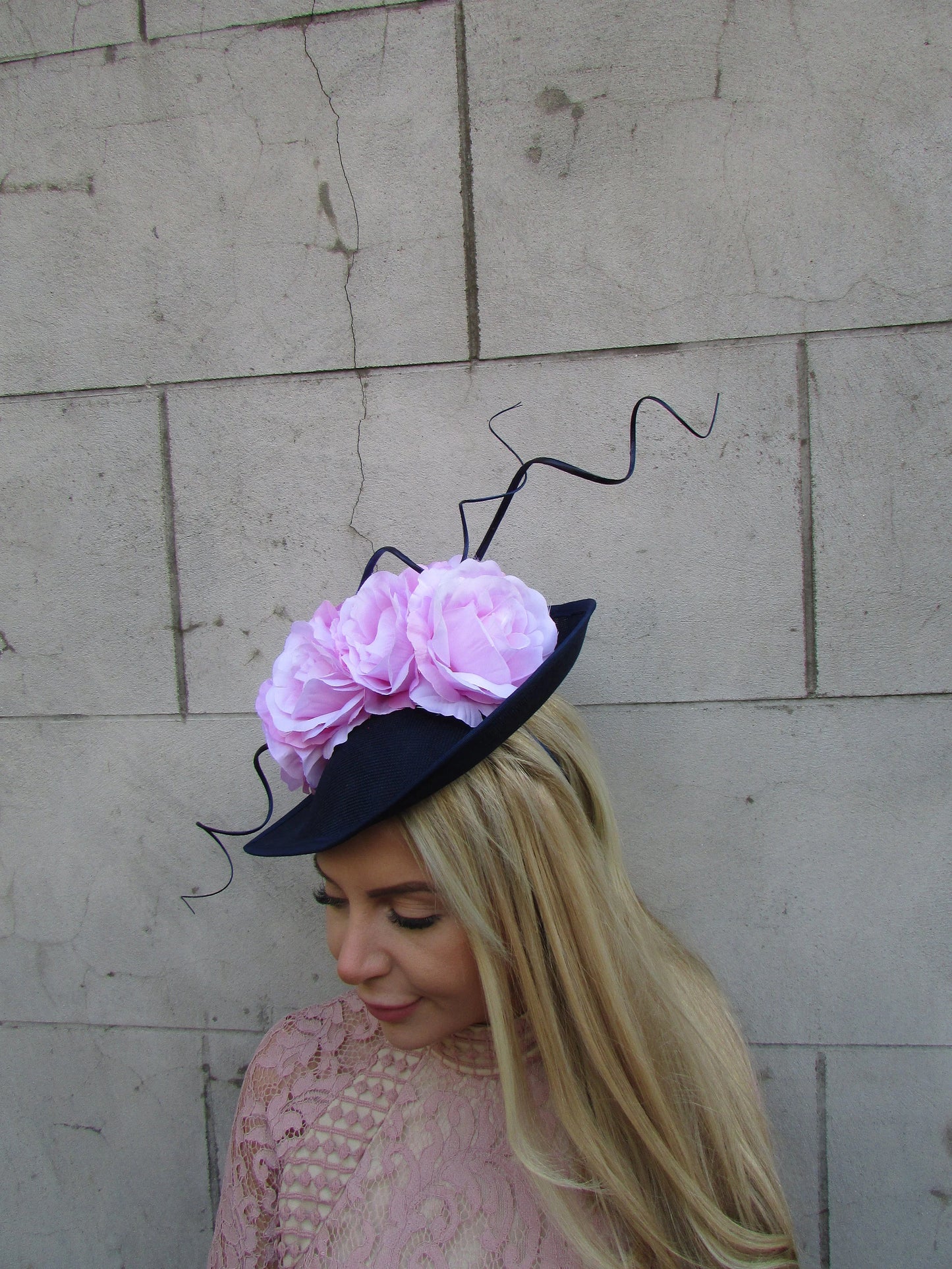 Large Navy Blue & Light Pink Floral Teardrop Hatinator