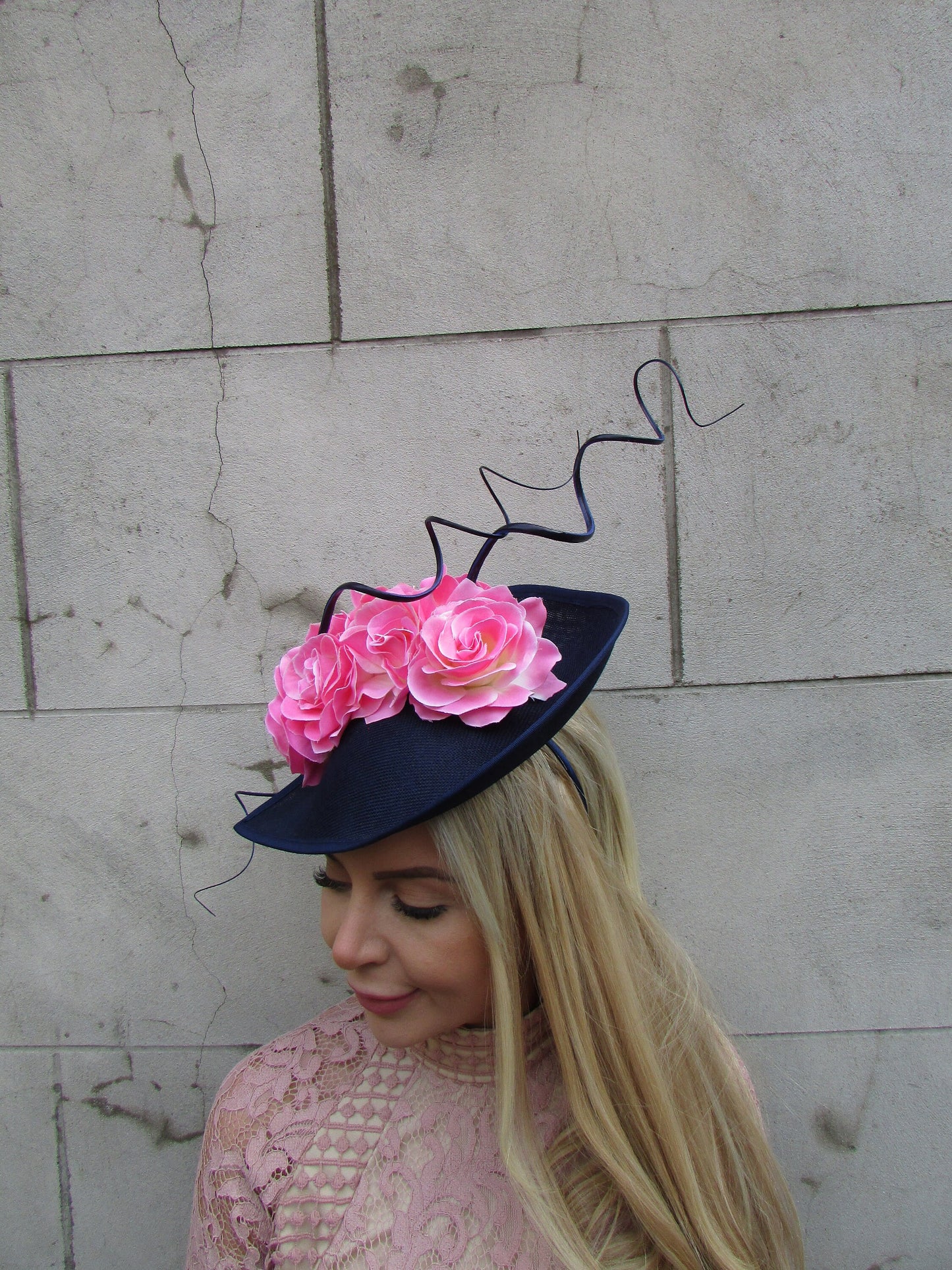 Large Navy Blue & Light Pink Floral Teardrop Hatinator