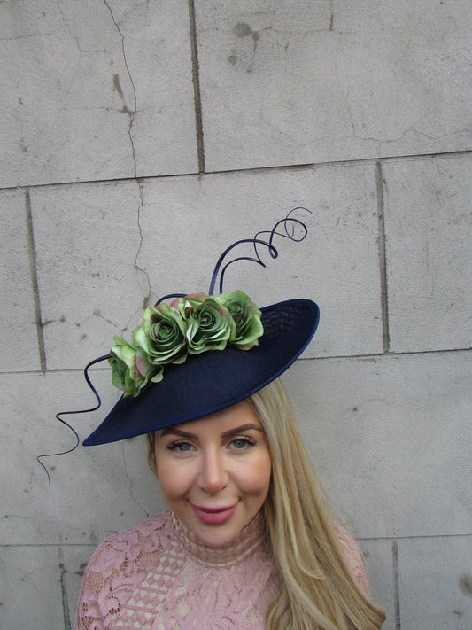 Navy Blue & Olive Green Teardrop Hat Fascinator