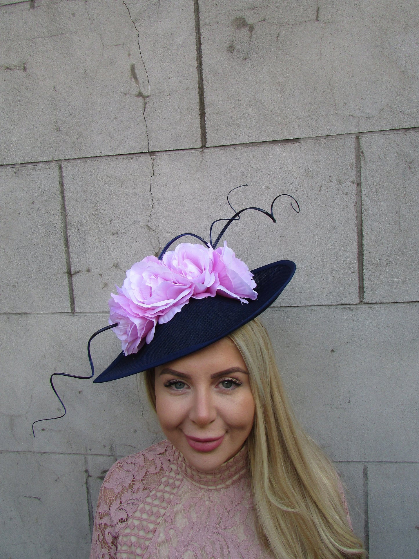 Large Navy Blue & Light Pink Floral Teardrop Hatinator
