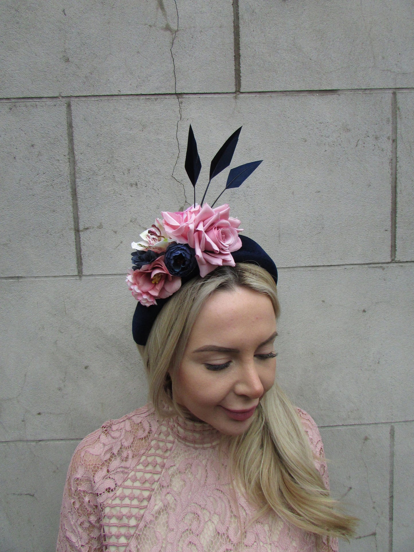 Navy Blue & Pink Velvet Flower Fascinator
