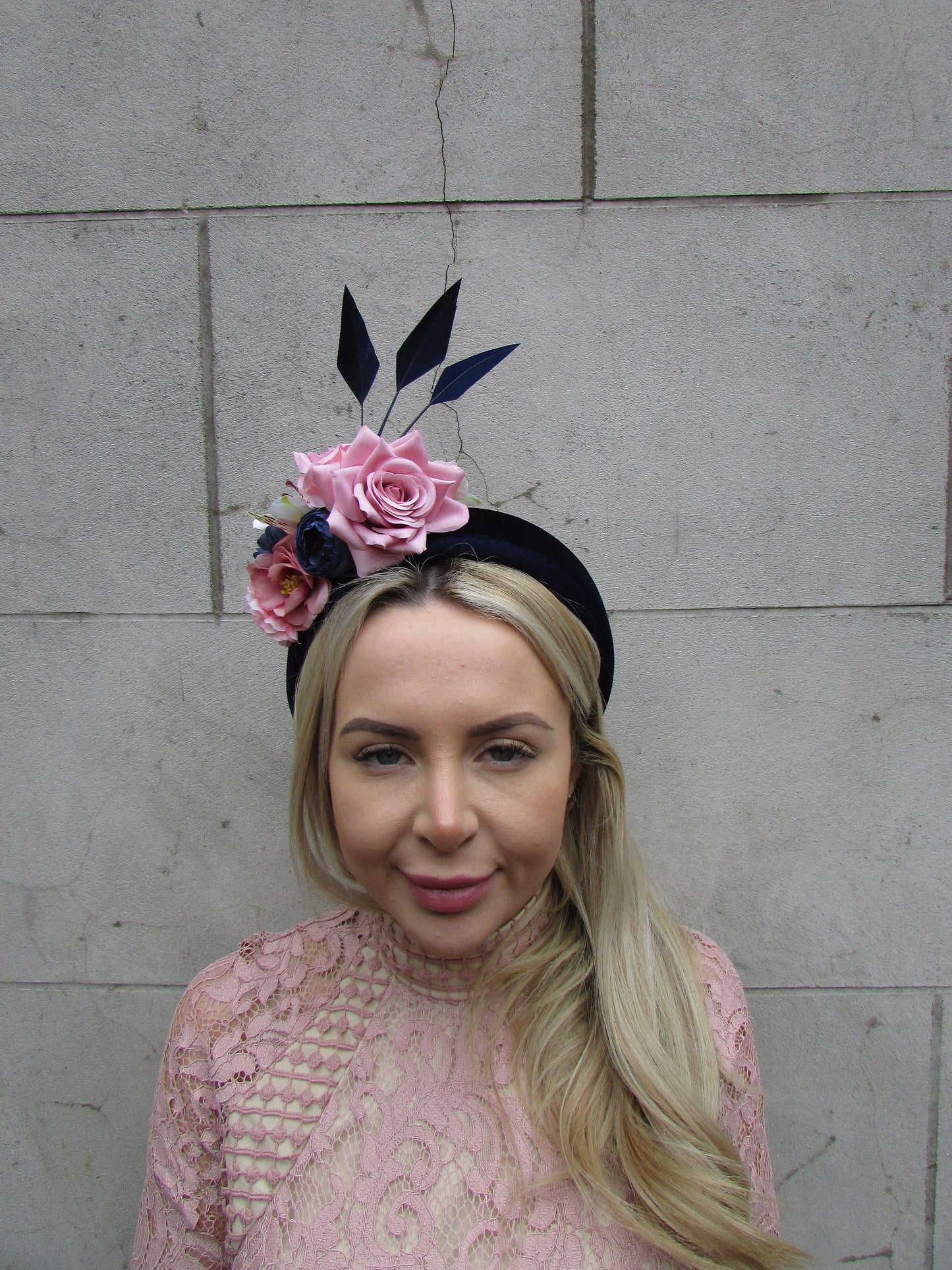 Navy Blue & Pink Velvet Flower Fascinator