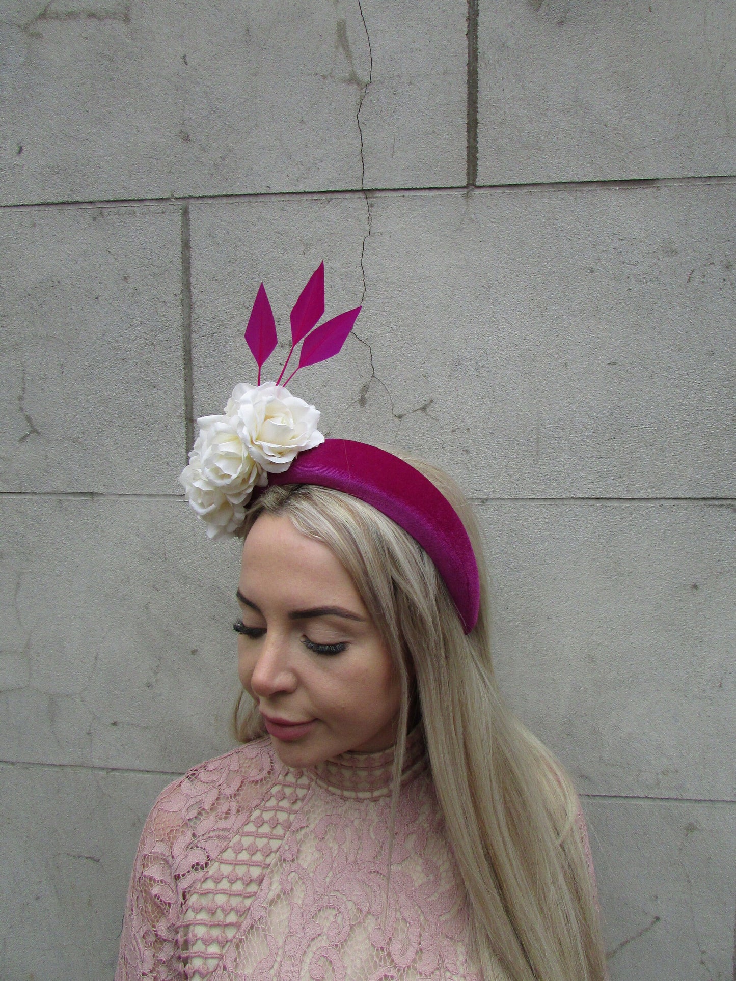 Magenta Pink & Cream Rose Feather Fascinator