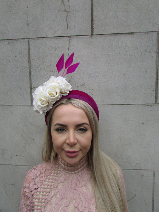 Magenta Pink & Cream Rose Feather Fascinator