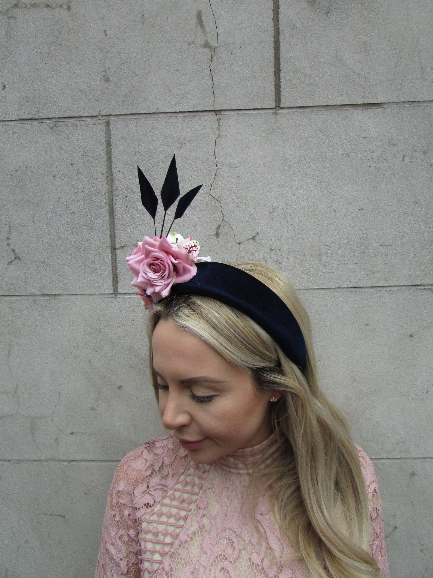 Navy Blue & Pink Velvet Flower Fascinator