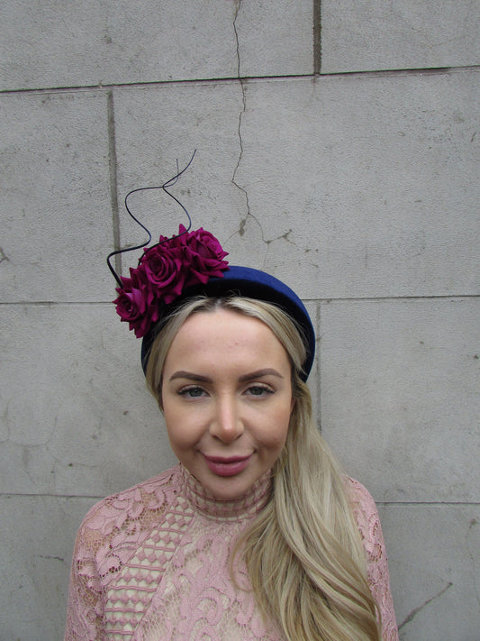 Navy Blue & Magenta Velvet Flower Fascinator