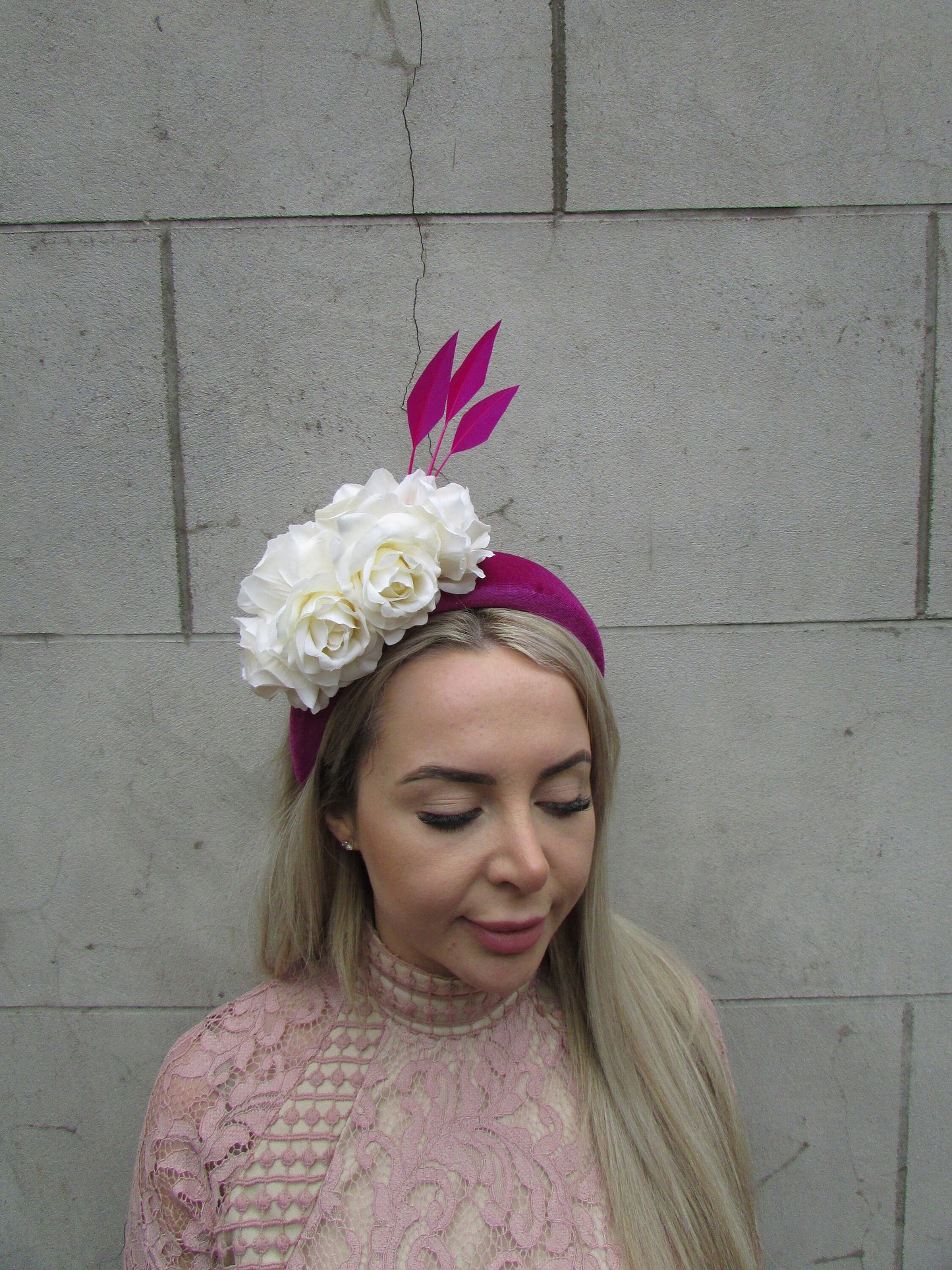Magenta Pink & Cream Rose Feather Fascinator