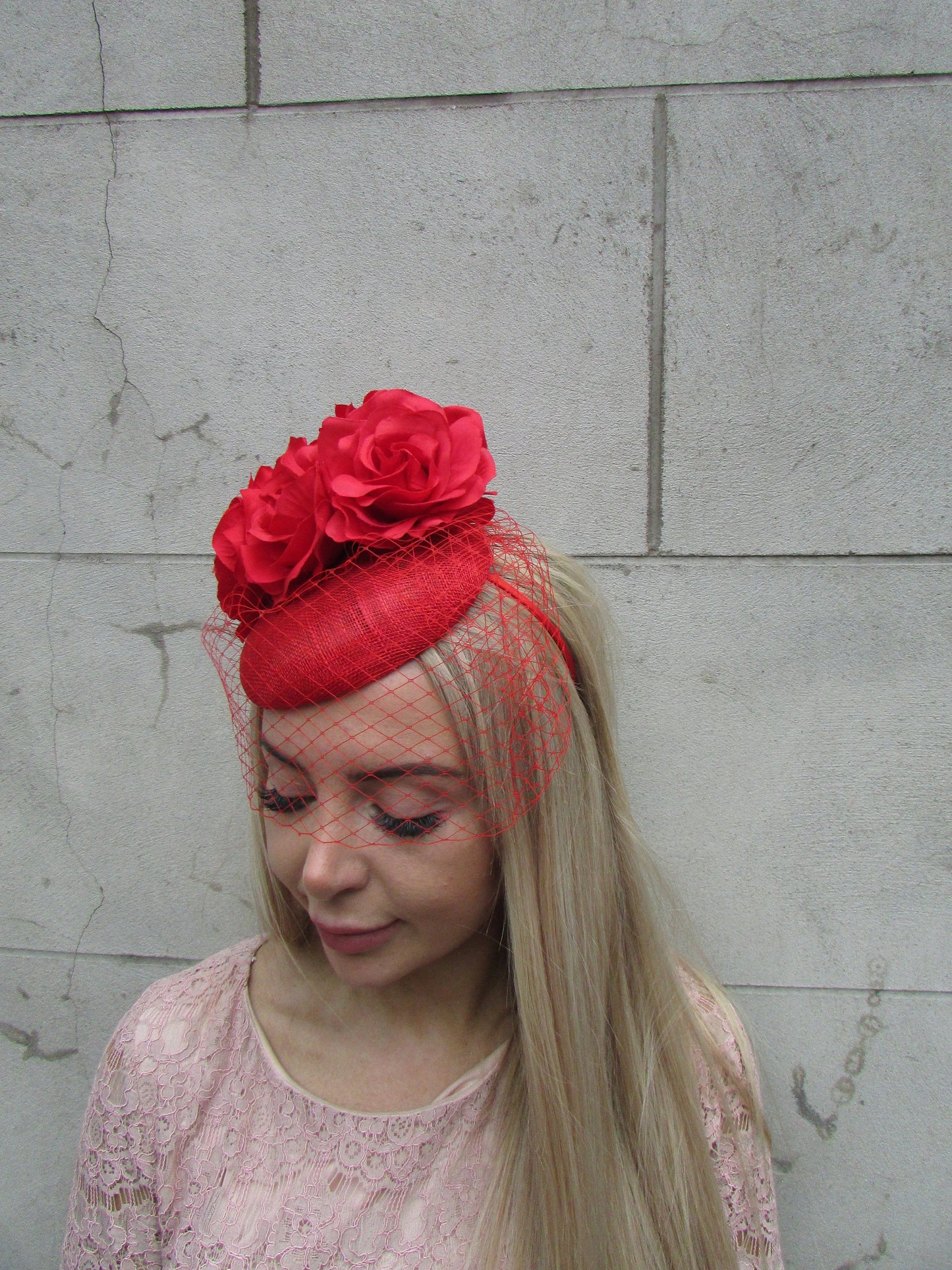 Red Rose Veil Pillbox Hat Fascinator