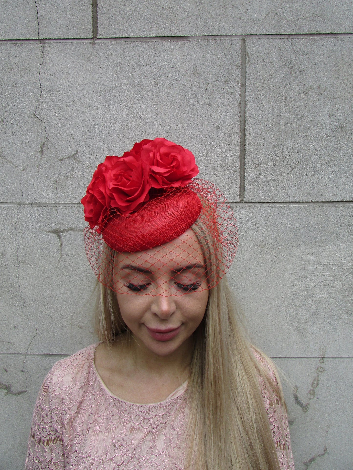 Red Rose Veil Pillbox Hat Fascinator