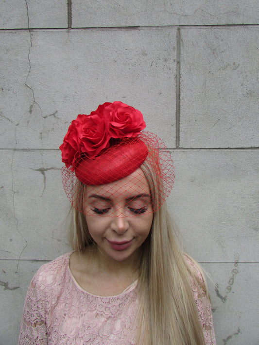 Red Rose Veil Pillbox Hat Fascinator