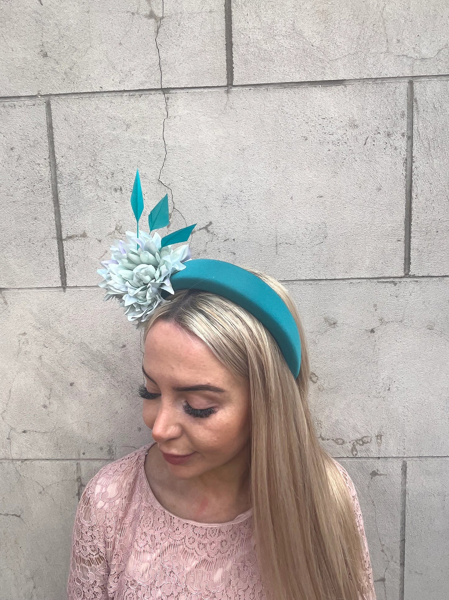 Teal Blue Mint Green Turquoise Flower Padded Headband Fascinator u10107