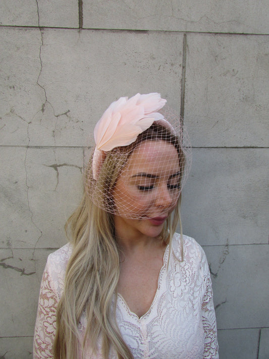 Blush Peach Pink Feather Veil Headpiece
