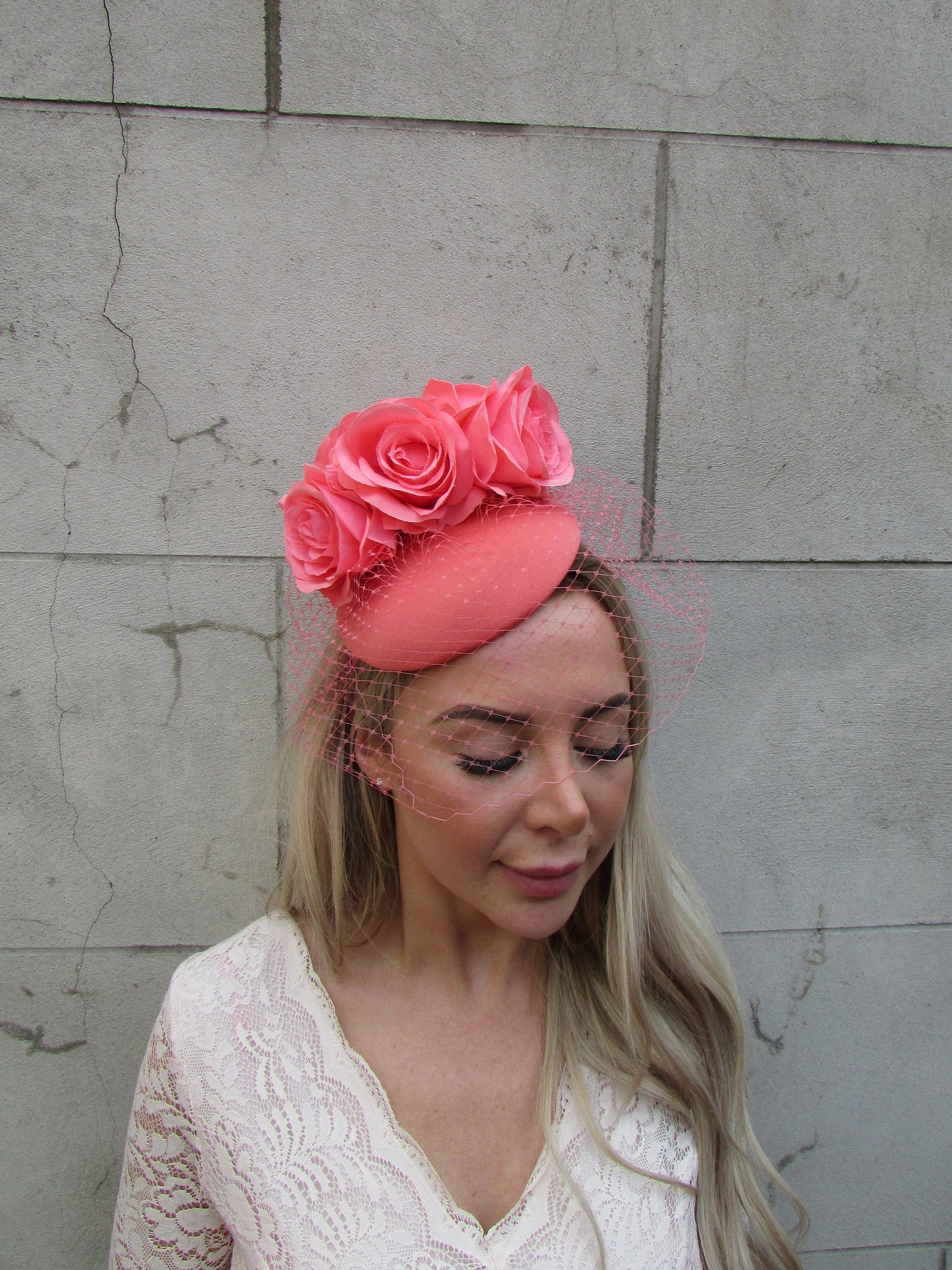 Coral Rose Flower Pillbox Hat Fascinator