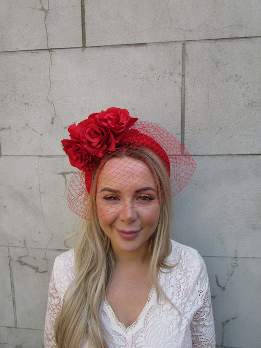 Red Rose Flower Veil Fascinator