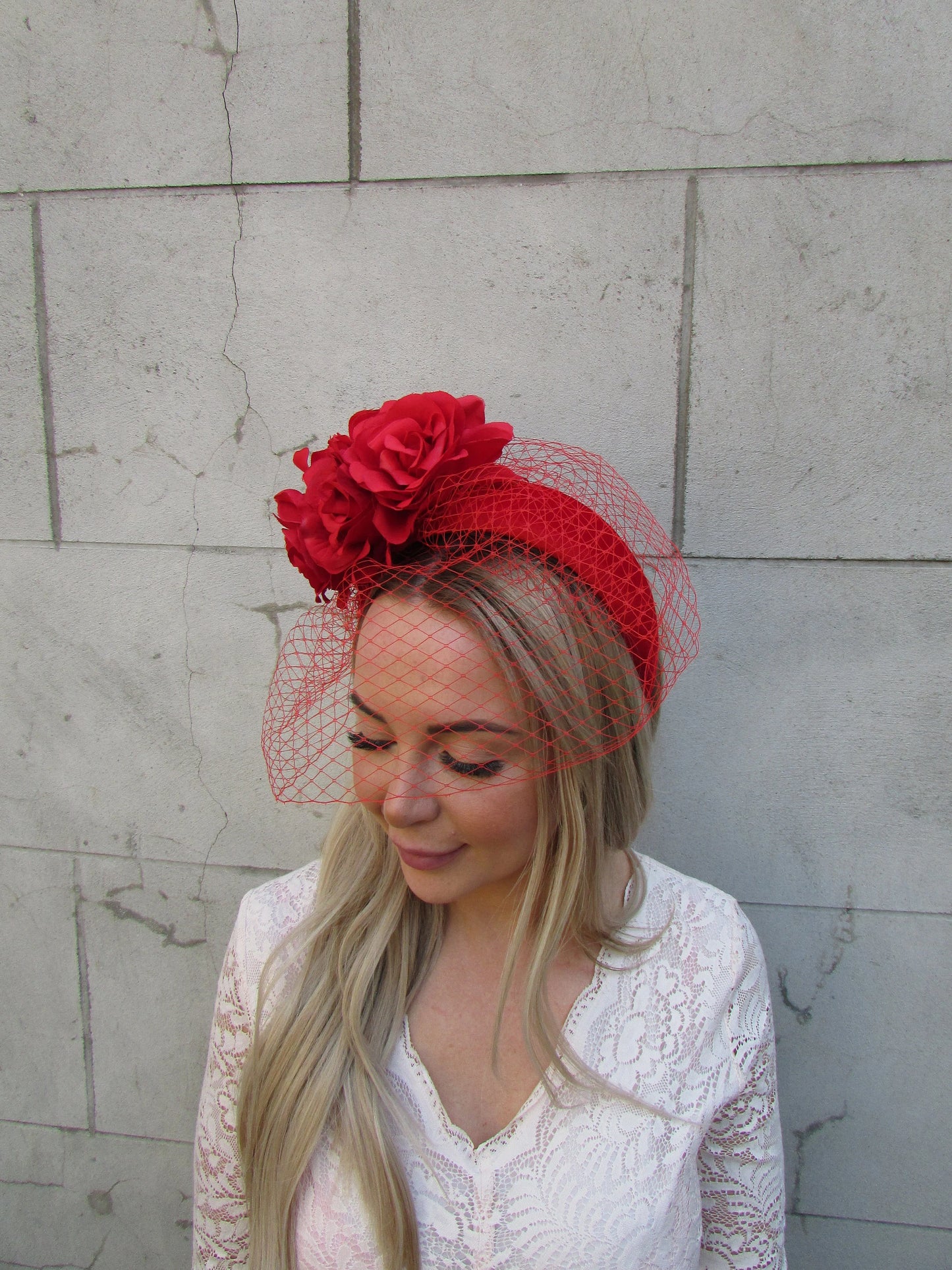 Red Rose Flower Veil Fascinator