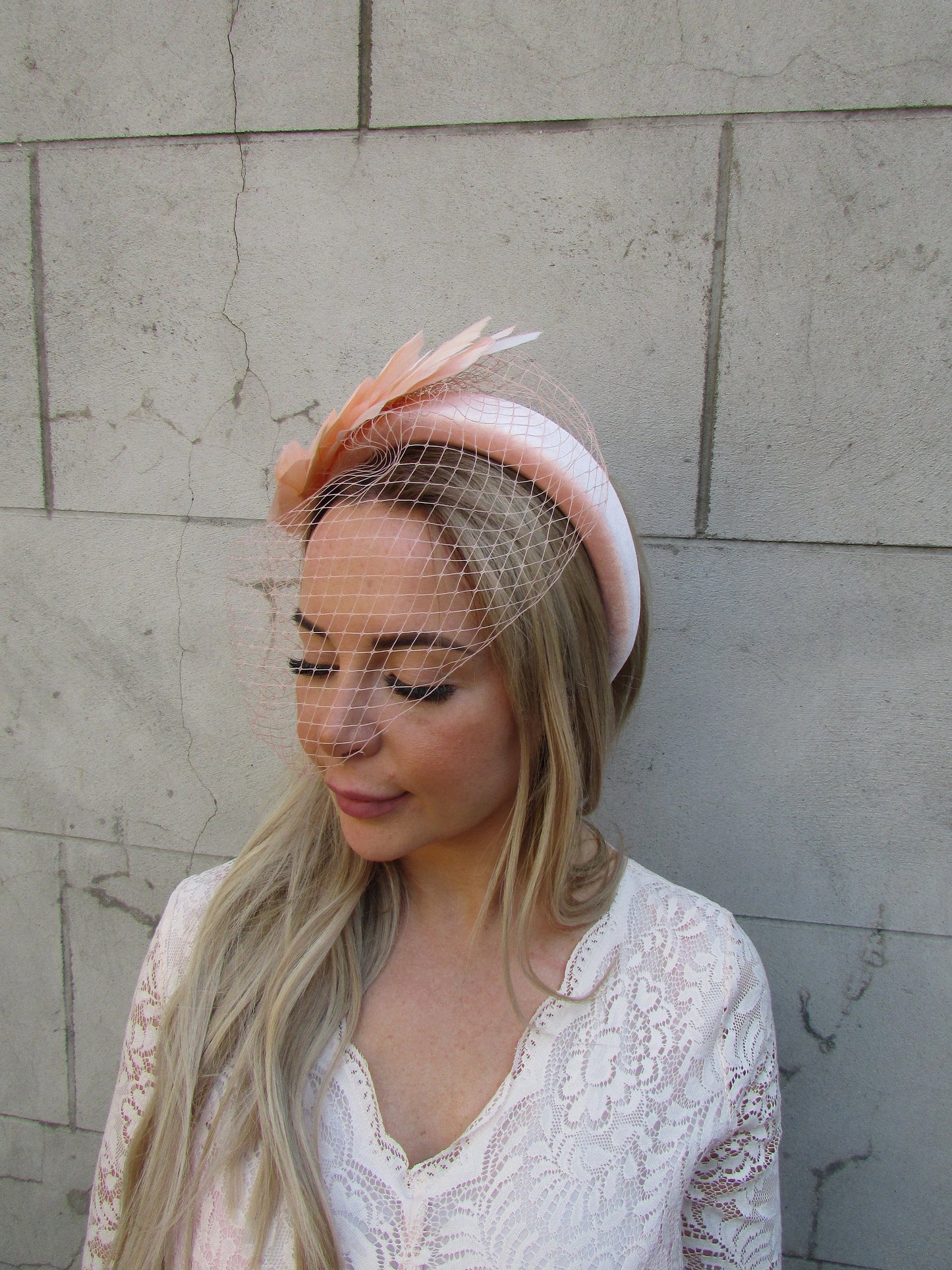 Blush Peach Pink Feather Veil Headpiece