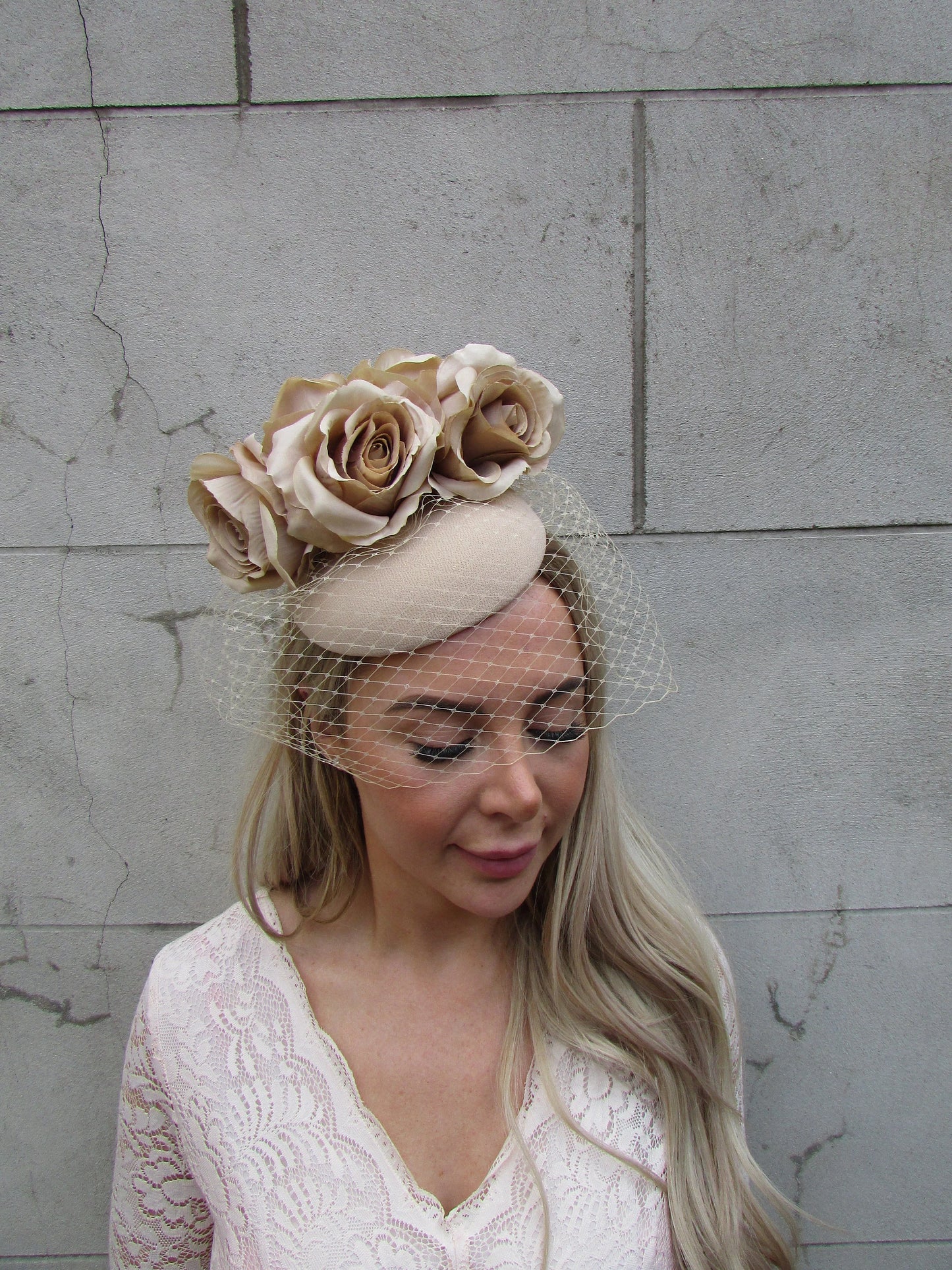 Beige Floral Fascinator Hat with Veil