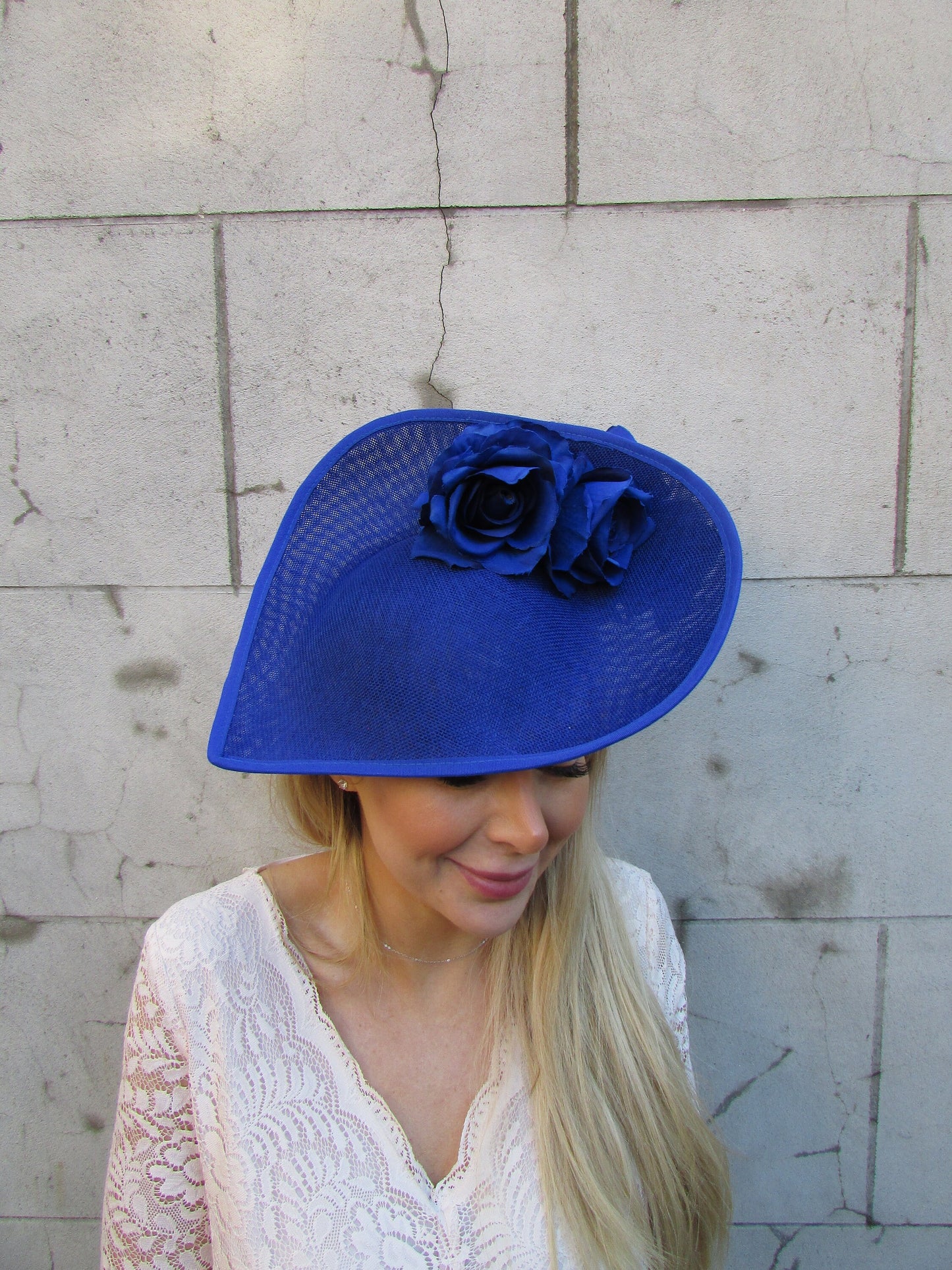 Large Dramatic Cobalt Blue Rose Flower Teardrop Fascinator Hat