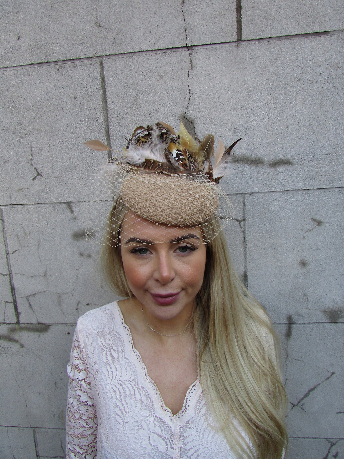 Beige Pheasant Feather Pillbox Veil Hat