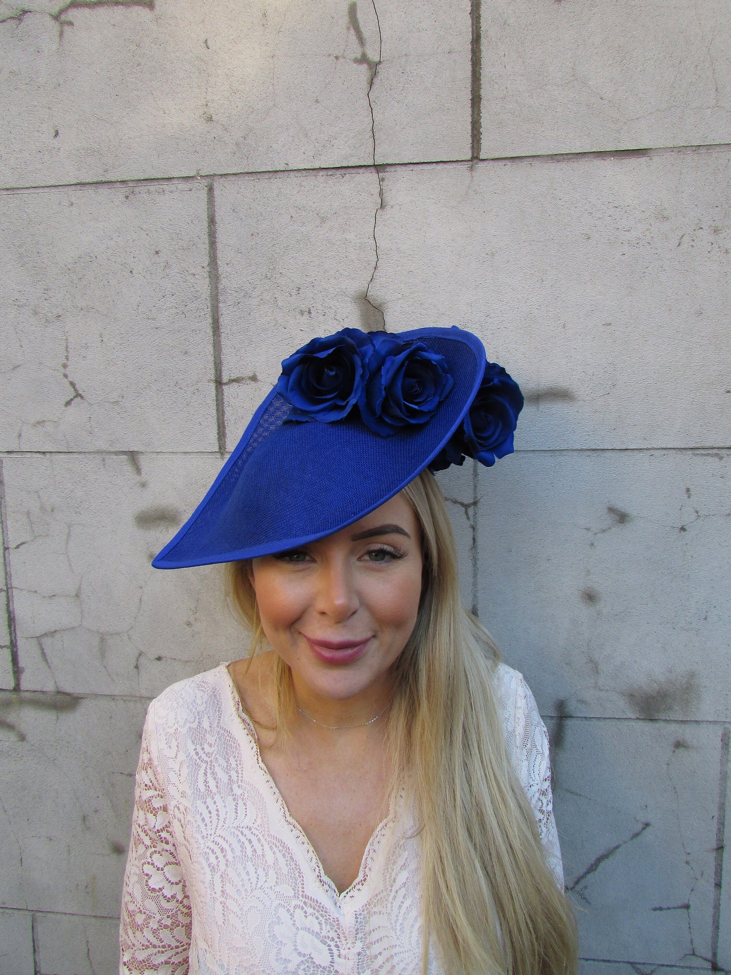 Large Dramatic Cobalt Blue Rose Flower Teardrop Fascinator Hat