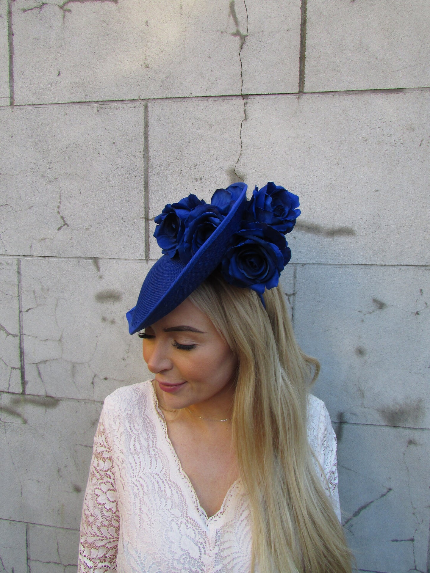 Large Dramatic Cobalt Blue Rose Flower Teardrop Fascinator Hat