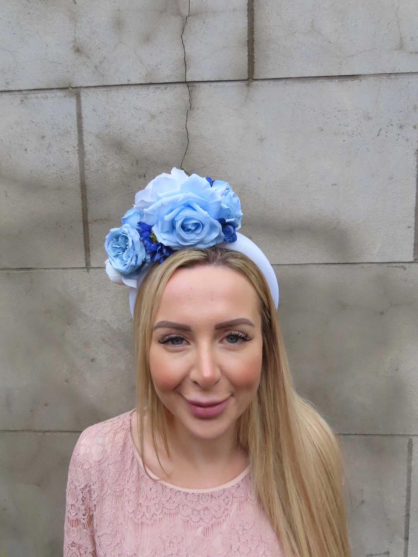 White & Cornflower Blue Flower Headpiece