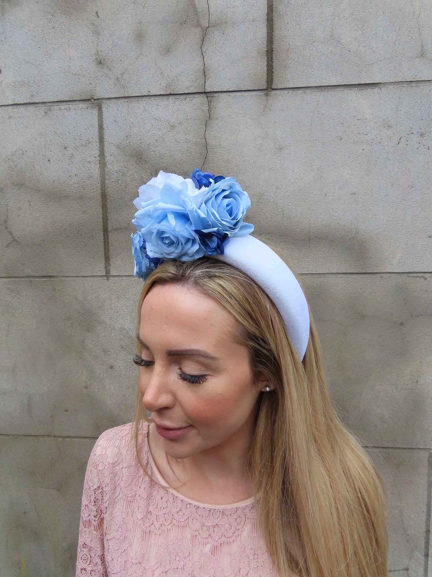 White & Cornflower Blue Flower Headpiece