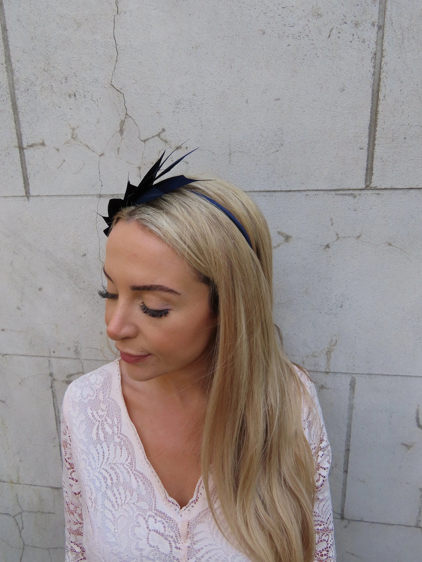 Navy Blue Feather Fascinator - Thin Headband