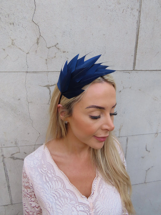 Navy Blue Feather Fascinator - Thin Headband