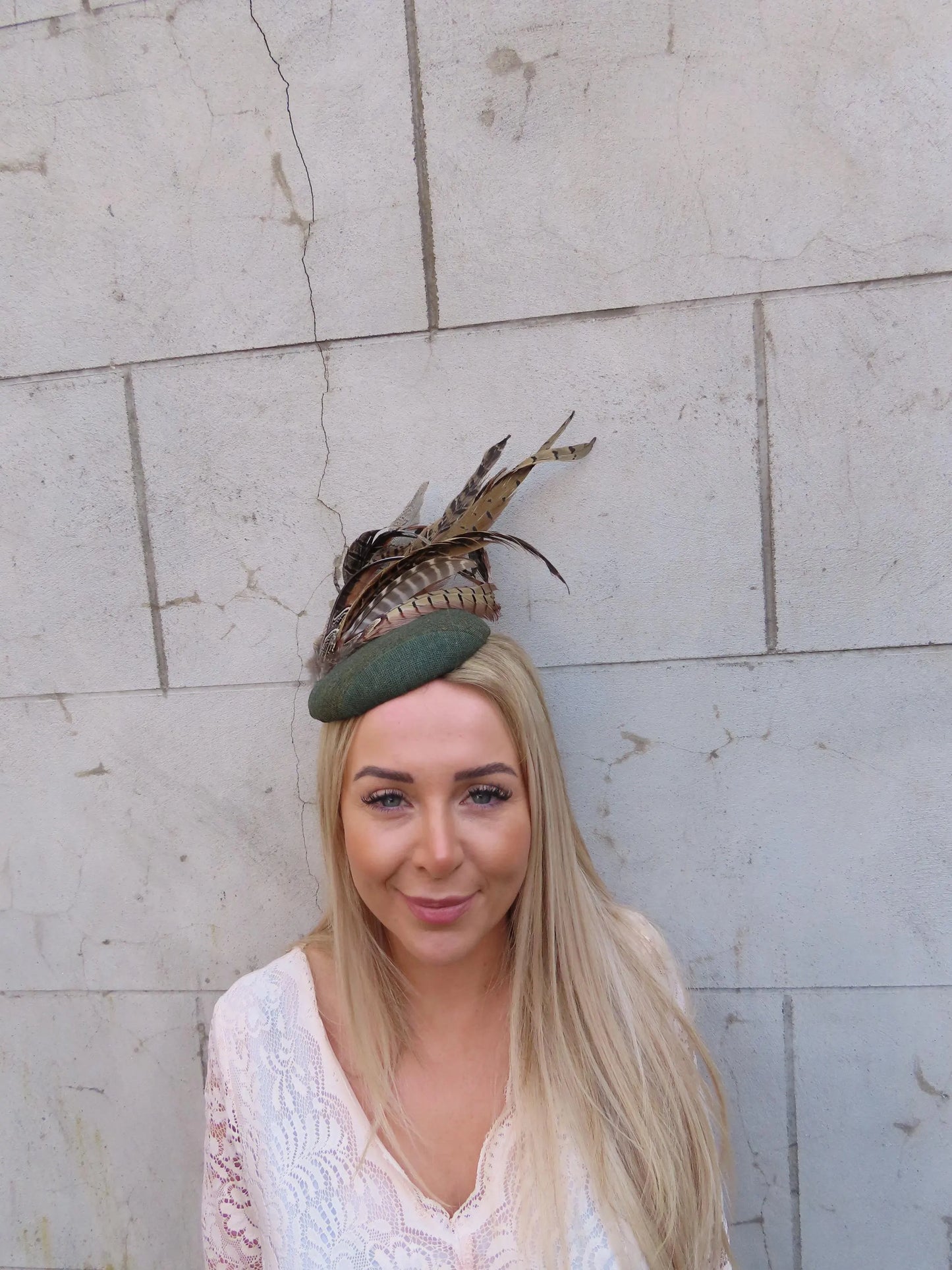 Olive Green & Gold Pheasant Pillbox Hat