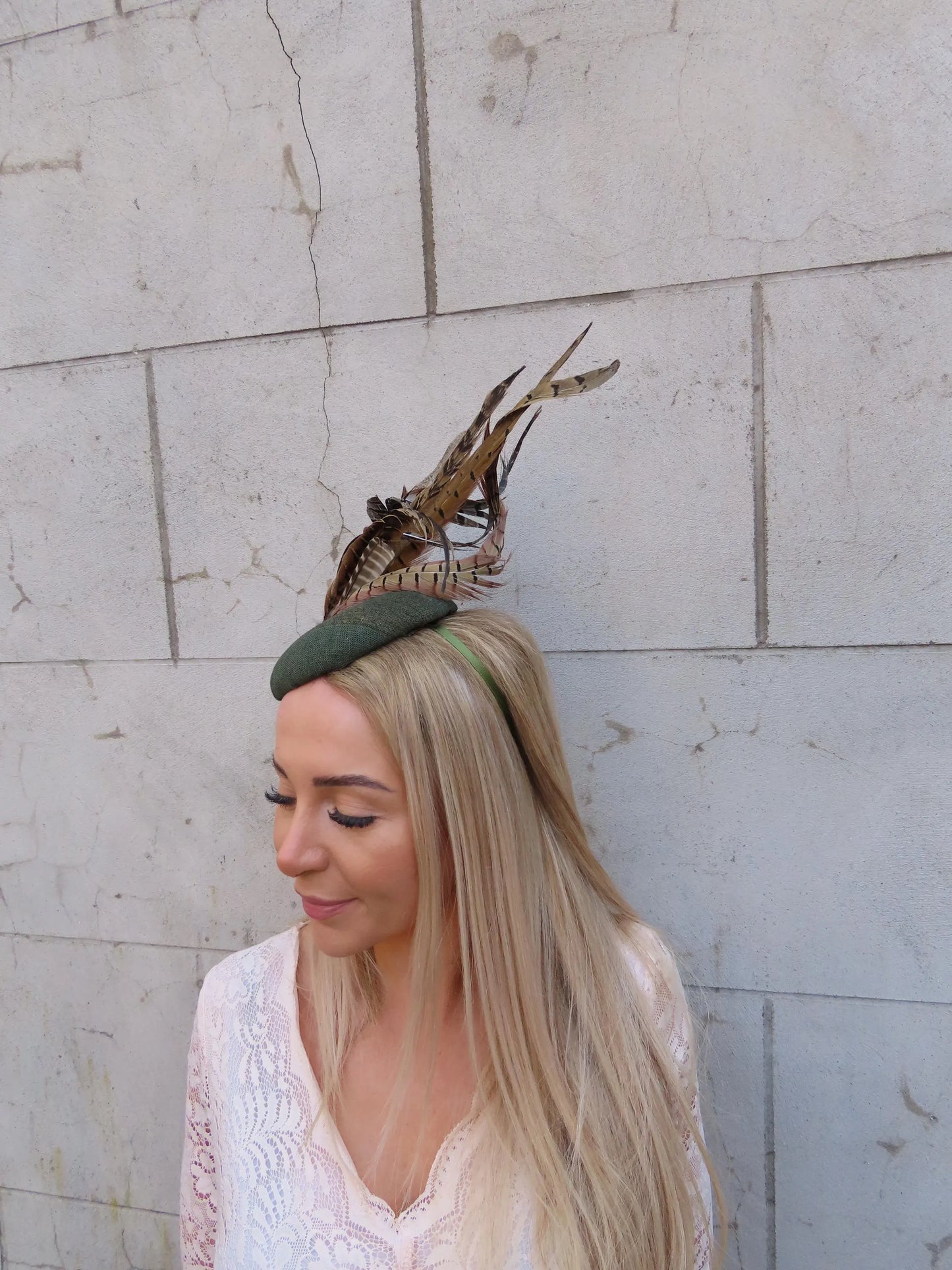 Olive Green & Gold Pheasant Pillbox Hat